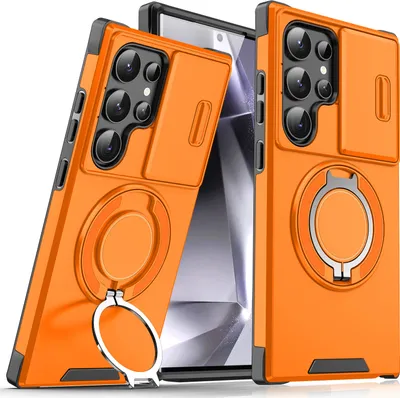Obrázek produktu pro Dvouvrstvé pouzdro pro Samsung Galaxy S24 Ultra, s posuvným krytem fotoaparátu a magnetickým kroužkovým stojánkem Pomerančový