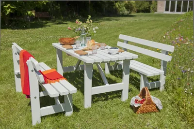 Produktbild von Gartensitzgruppe aus Fichte, grau lasiert, mit Bank und Tisch, 150 cm breit
