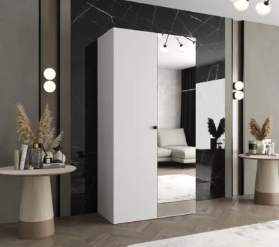 Obrázek produktu pro Zrcadlová šatní skříň CAITIR 2 100 cm - bílá / černý úchyt