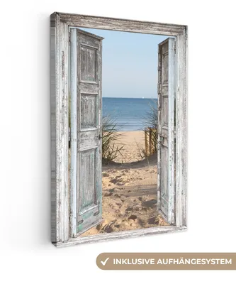 Produktbild von MuchoWow® - Leinwandbilder - Düne - Strand - Aussicht - Sommer, Wandbild, Wanddeko Bilder Wohnzimmer, 80x120cm