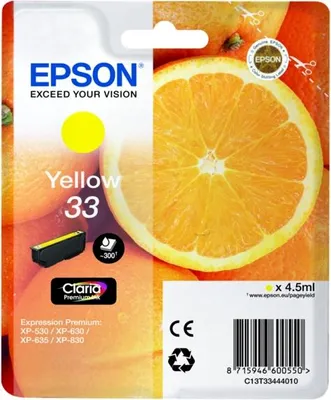 Zdjęcie produktu dla Epson Oranges Singlepack Yellow 33 Claria Premium Ink, Żółty, Tusz na bazie pigmentu, 4,5 ml, 1 szt.
