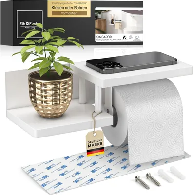 Productafbeelding van Toiletpapierhouder hout bamboe volledig wit [lijmen of boren] - Hoogwaardige wc-rolhouder zonder boren met plank - Wit - Wc-rolhouder