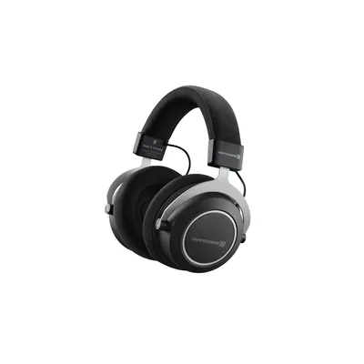 A pair of black and silver over-ear headphones is shown against a white background.