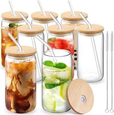 Productafbeelding van PromoHome® Cocktailglazen met rietjes, set van 8 – Ijskoffeglazen in blikvorm, 500 ml, hittebestendig, vaatwasmachinebestendig