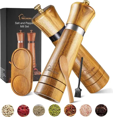 Produktbild von Salz und Pfeffermühle Holz ? 22cm Manuelle Gewürzmühle 2er Set mit verstellbarem Keramikmahlwerk ? Pfeffer und Salzmühle als Gewürzmühlen Set + Untersetzer