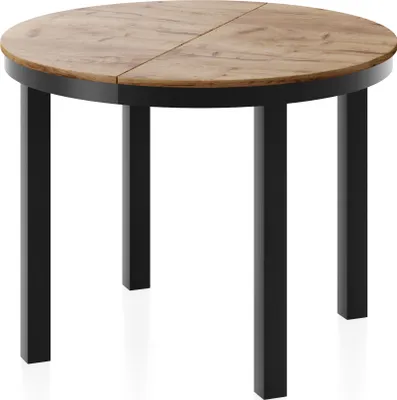 Produktbild von Runder Ausziehbarer Esstisch mit Schwarzem Metallgestell – Tisch mit Schwarzen Metallbeinen im Loft-Stil – Platzsparender Tisch für Wohnzimmer, Esszimmer oder Küche – Craft Eiche – 100 bis 180 cm