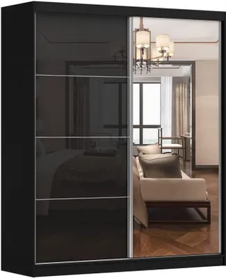 Produktbild von Kleiderschrank M31 mit Spiegel 183 cm, Schwebetürenschrank, Garderobeschrank Schlafzimmer; Wohnzimmerschrank; Korpus Schrank Farbe: Schwarz; Farbe der Schrankfront: Schwarz Hochglanz- 2 Schiebetüren