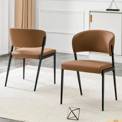 Productafbeelding van Eetkamerstoel, set van 2, modern, bekleed met kunstleer, metalen frame, ergonomische rugleuning, geschikt voor eetkamer, woonkamer en keuken - alleen stoel, bruin