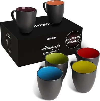 Productafbeelding van Zwarte koffiekopjes set met kleurrijke binnenkant, set van 6, keramiek