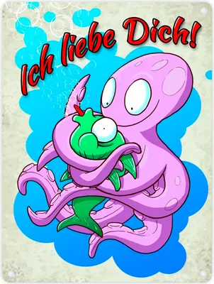 Produktbild von Metallschild in 15x20 cm mit Comic Tintenfisch Motiv und Spruch - Ich liebe