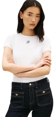 Produktbild von Tommy Hilfiger Women's Th Script Slim Ss Tee WW0WW48710, White, M