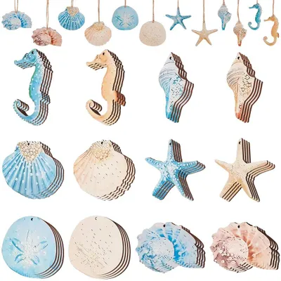 48 Holz-Anhänger Ozean-Motiv, 12 Designs, Baumschmuck
