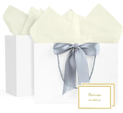 Productafbeelding van Twee cadeautasjes met strikbanden, bedankkaarten en zakdoekjes, wit, 28x20x10 cm