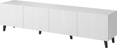 A white media console with a ribbed front and black legs, shown against a white background.