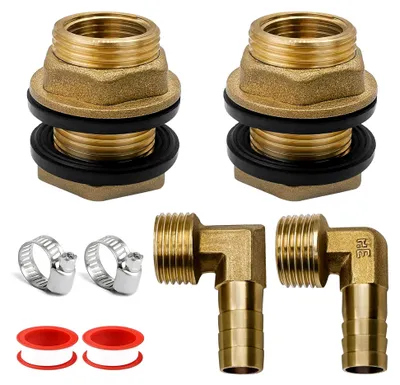 Produktbild von 2 Stück Tankverschraubung aus Messing, 3/4 Zoll Regentonnendurchführung und Schlauchtülle Set, mit 304 Schlauchklemmen, Wasserband