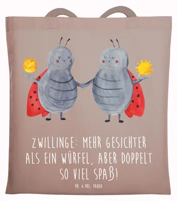 Produktbild von Mr. & Mrs. Panda Stoffbeutel Zwillinge Spaß - Braun Pastell - Geschenk, Luftzeichen, Geschenke Astrologie, Tote Bag, Tierkreiszeichen, Horoskop, Sternzeichen, Tasche