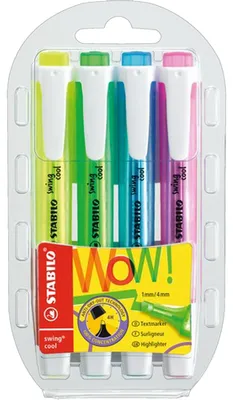 Zdjęcie produktu dla Zakreślacz - STABILO swing cool - opakowanie 4 sztuk - żółty, zielony, niebieski, różowy