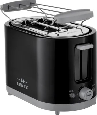 A black and gray LENTZ 2-slice toaster with a warming rack on top, shown against a white background.