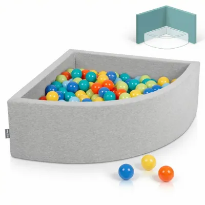 Produktbild von KiddyMoon viertel ecking bällebad bällepool 90x30cm/300 bälle ∅ 7cm ballgruben für babys spielbad kleinkinder, hergestellt in der eu, hellgrau:h grün/orange/türkis/blau/babyblau/gelb