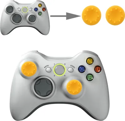 An image showing a white Xbox 360 controller with yellow thumbstick covers installed, and also showing the yellow thumbstick covers separately.