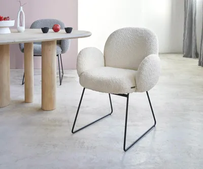 Immagine prodotto di Sedia da pranzo DELIFE Nube-Flex con braccioli Bouclé bianco Struttura a slitta nera Molle insacchettate