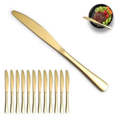 Produktbild von Gold Tafelmesser 12-teiliges Set, Edelstahl-Titan-Beschichtung Glänzendes Goldmesser-Set, Buttermesser, Tafelmesser, Messer mit Wellenschliff, spülmaschinenfest