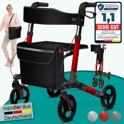 Produktbild von ELONEO Rollator faltbar und leicht mit Sitz, Leichtgewicht-Reiserollator aus Aluminium, Gehhilfe 8-fach höhenverstellbar, Laufhilfe faltbar, Rot