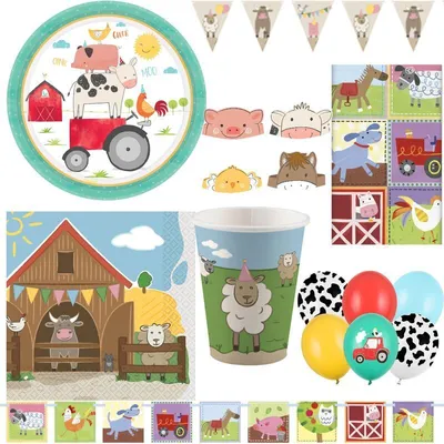 Produktbild von Bauernhof Kindergeburtstag Party Set Dekoration Teller Becher Servietten