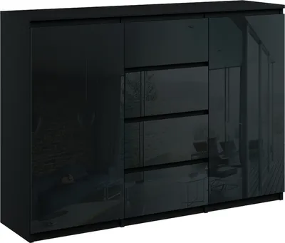 A black high-gloss sideboard with four drawers and two cabinets.