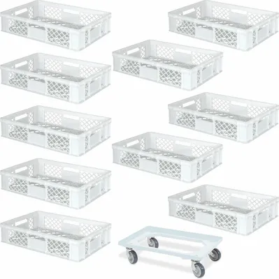 Produktbild von 10 Euroboxen, 600x400x150 mm, lebensmittelecht, weiß + 1 Transportroller