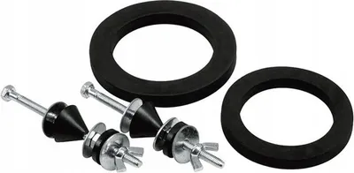 A set of toilet repair parts, including two rubber gaskets and two bolts with rubber cones and wing nuts, are laid out on a white background.