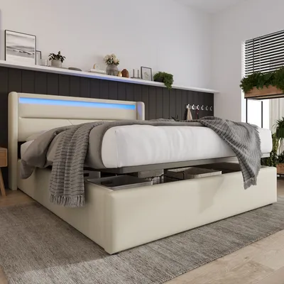 Produktbild von okwish LED-Bett – Bett 160x200 cm – Bett mit hydraulischem Stauraum – Doppelbettgestell – Polsterbett – mit Lattenrost, Bettkasten und LED-Beleuchtung, weiß (mit Fernbedienung)