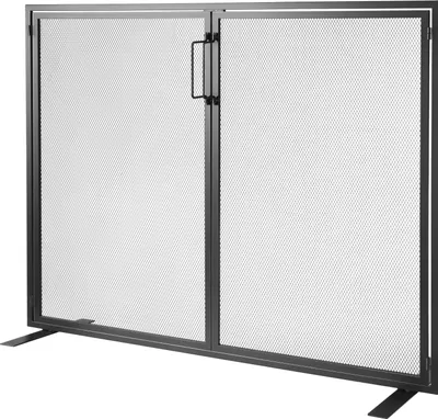 A black metal fireplace screen with two mesh panels and a central door with a handle.