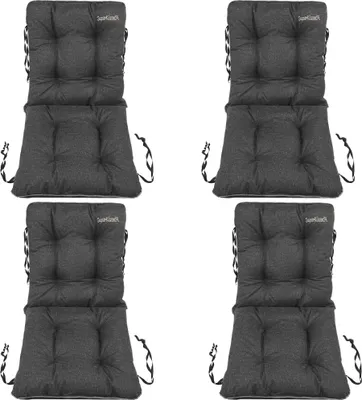 Four dark gray chair cushions are arranged in a two-by-two grid against a white background.