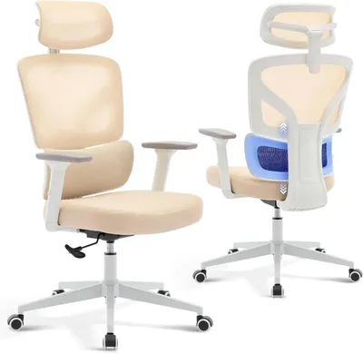 Obrázek produktu pro Ergonomická kancelářská židle s prodyšnou síťovinou – Herní židle s vysokým opěradlem – Nastavitelná bederní opěrka a opěrka hlavy – 3D područky – Otočná o 360° – Béžová
