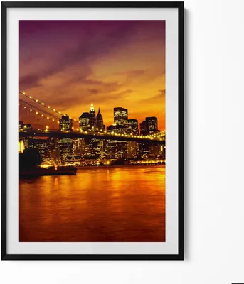 Produktbild von Abendlicher Blick auf die Brooklyn Bridge– Wandbild mit Rahmen – Gerahmtes Bild  – Wanddekoration – 70x100 cm –  Schwarz Rahmen