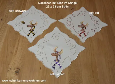 Produktbild von Deckchen ca.29 x 29 cm Satin Elch mit Schal violett-weiss