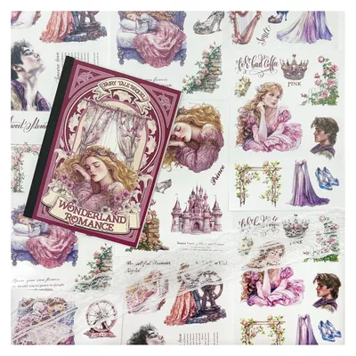 Produktbild von Scrapbook Stickerbuch - 18 Blatt Märchenprinzessin Aufkleber aus PET und Washi - Für Bullet Journal Junk Journaling Planer und DIY-Basteln