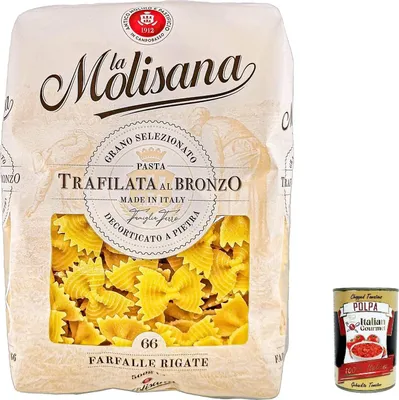 Produktbild von 20x La Molisana Farfalle rigate N. 66 Pasta Lenta Lavorazione Teigwaren aus Hartweizengrieß Bronze-Zeichnung 500g + Italian Gourmet Polpa 400g