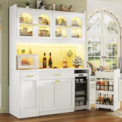 Immagine prodotto di Armadio alto di design con illuminazione RGB a LED, controllo tramite app, mobili da cucina con cassetti e ripiani scorrevoli su entrambi i lati, credenza 120x40x187 cm, bianco