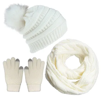 Produktbild von Damen Kombi Set Mütze Schal Handschuhe Strick Fleece Weiß 3-teilig