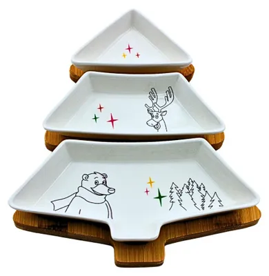 Produktbild von Weihnachtsmann & Co. KG 3-Teiliges entnehmbares Vorspeise Set, Schale Tannenbaum, Porzellanschale, Dipschale, Dekoschale, Gebäckschale aus Porzellan mit Balbo/Rudolf in Weiß, L/B/H 27 x 19 x 4 cm.