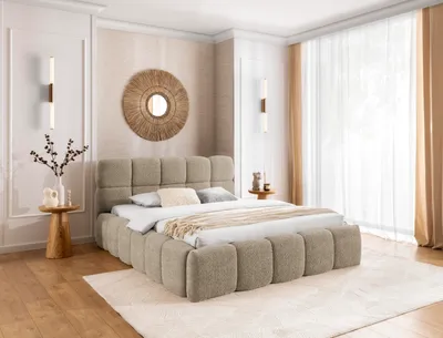 Zdjęcie produktu dla Łóżko tapicerowane SOFIA 180x200 - z podstawą łóżka, podwójne łóżko z miejscem do przechowywania i stelażem listwowym, wygląd łóżka na sprężynach, bez materaca, łóżko - Taupe