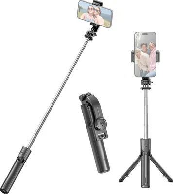 Produktbild von Ausziehbares Selfie-Stick-Stativ fuer Telefon, max. Laenge 67,2 cm/26,5 Zoll, mit abnehmbarem Telefonclip, Fernausloeser, Telefonstativ fuer Vlog-Selfie, Live-Streaming, Gruppenfoto-Video
