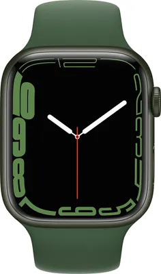 A close-up view of an Apple Watch with a green band and a black screen displaying the time.