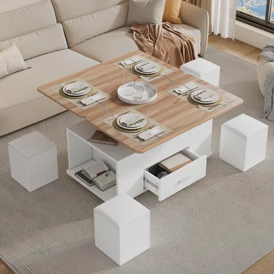 Produktbild von okwish Couchtisch mit 4 Hockern,höhenverstellbarer,Beweglicher Sofatisch,Wohnzimmertisch mit Schubladen,4-in-1-Multifunktions-Kaffeetisch,für Küche oder Wohnzimmer,Weiß+Natur