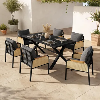 Produktbild von Merax Outdoor-Sofa-Set mit Tisch und 6 Stühlen, Gartenmöbel-Set mit Eisengestell, Geflochtene Rattan-Armlehnen, Sitzkissen für Terrasse/Balkon,Schwarz