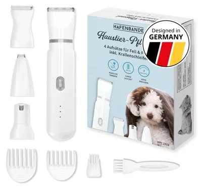 Produktbild von Hafenbande 2-in-1 Akku Hundeschermaschine & Krallenschleifer | Pfotentrimmer für Hunde, Katzen | 3 Schneidaufsätze, 3 Kammaufsätze, Nagelfeile | Wasserdicht | Fellpflege von Nase, Ohren, Beine, Körper