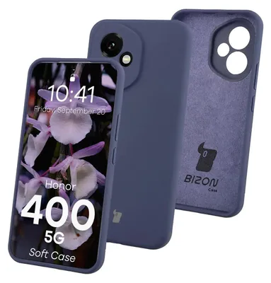 A dark blue Honor 400 5G soft case is shown, with a phone inside it displaying a floral wallpaper and the time. Another case is shown behind it.