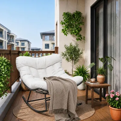 Produktbild von Papasan Schaukelsessel Outdoor mit dickem Kissen & Ottomane – Großer Relaxsessel aus wetterfestem Rattan, stabiler Stahlrahmen, Weiß